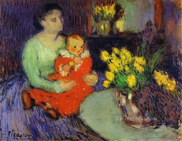 Mother and child in front of a vase of flowers 1901 Pablo Picasso Oil Paintings